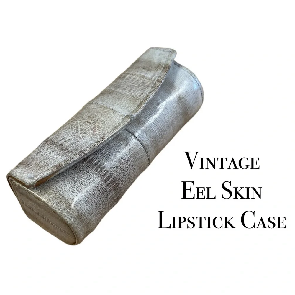 Vintage‎ Genuine Eel Skin Mirror Lipstick Case Women Silver